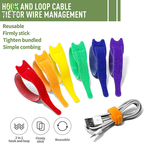 Back to Back Hook and Loop Cable Ties Reusable Colorful Wire Management Strips